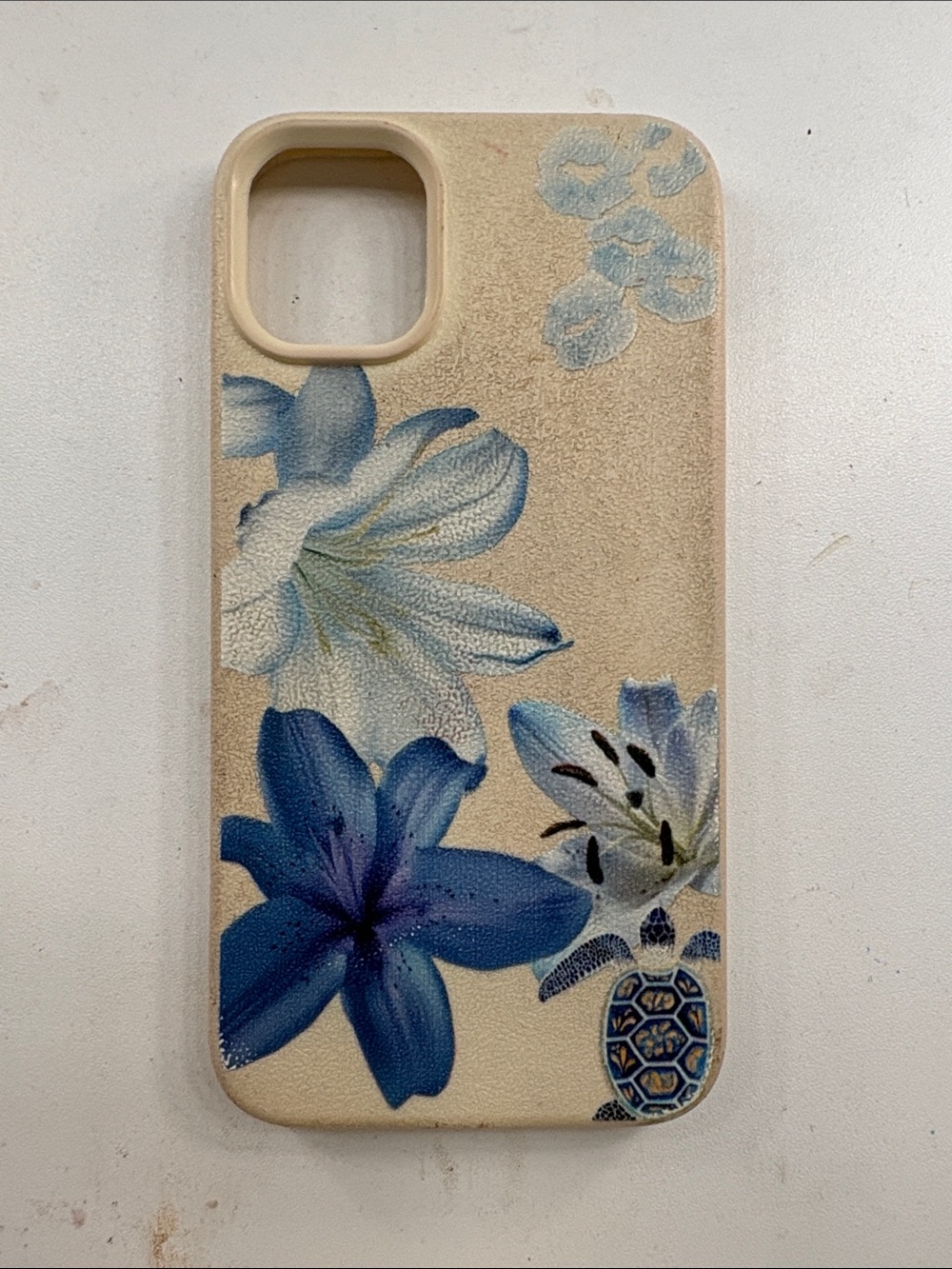 SHEIN iPhone 11 Beige Phone Case with Blue Floral & Turtle Design